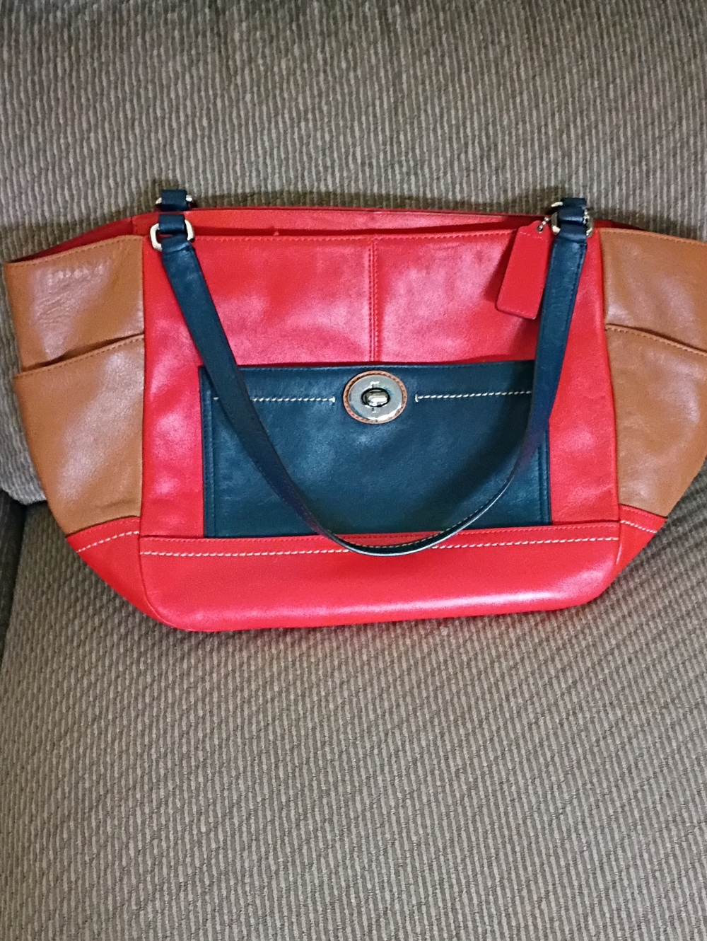 Coach F24065 Red, Black & Brown Colorblock Tote Bag